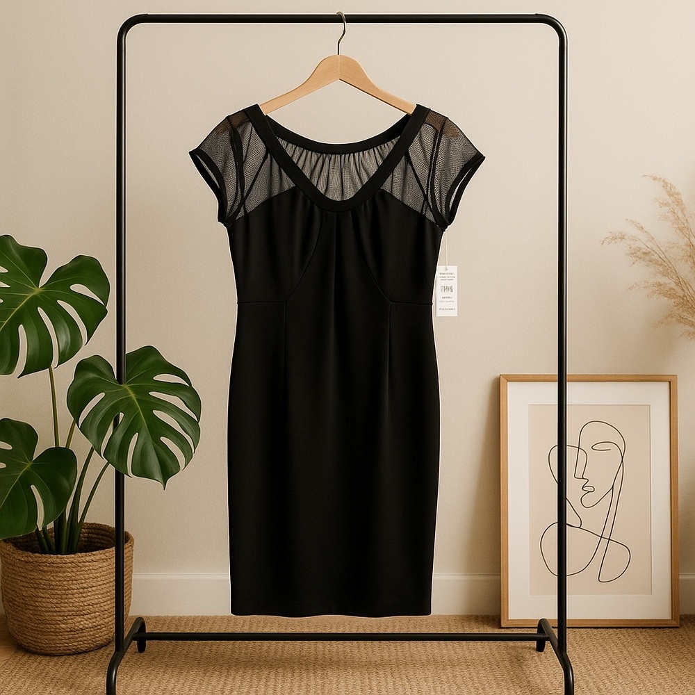 Robbie Bee Black Sheath Midi Dress with Cap Sleeves
